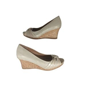 Dexflex‎ Comfort Peep Toe Wedge 7.5 Champagne Gold Shimmer Cork Wedding Guest